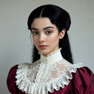 Woman in Victorian maroon lace dress
