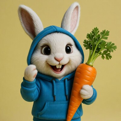 Cute bunny holding carrot in hoodie