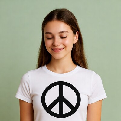 Girl with peace sign t-shirt eyes closed