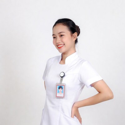 Asian nurse smiling with hand on hip