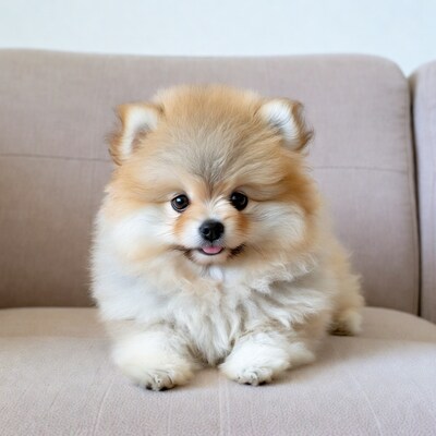 Cute Pomeranian puppy on couch