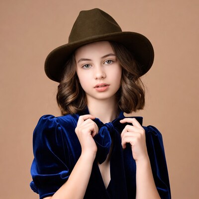 Girl in green fedora and blue velvet dress