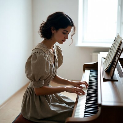 Woman playing piano with sheet music