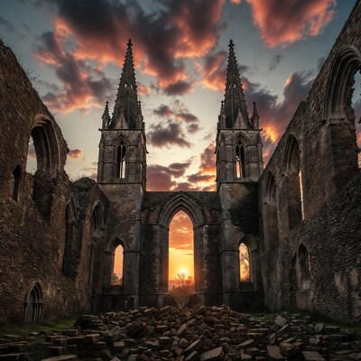 Ruined Gothic Church at Sunset