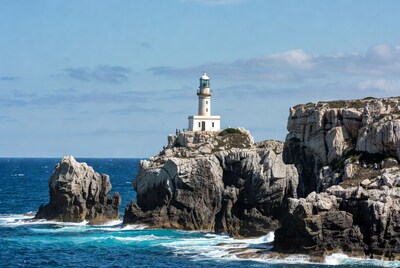 White Lighthouse on Rocky Cliff