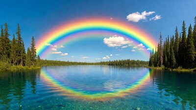 Rainbow over lake with pine trees