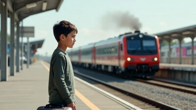 Asian boy with suitcase at train station