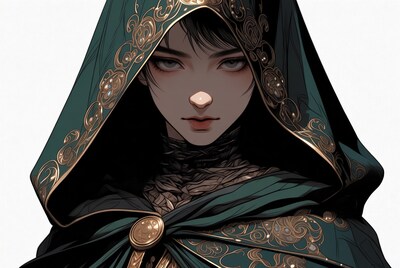 Anime girl in ornate green hood