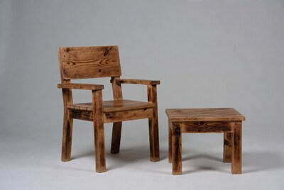 Rustic Wooden Armchair and Ottoman