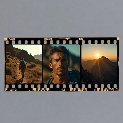 Hiker man in mountains film strip