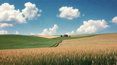 Rolling Green Wheat Fields with Farmhouse
