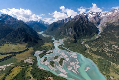 Aerial view of turquoise river in mountains