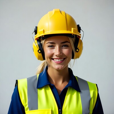 Smiling woman in hard hat and hi-vis vest