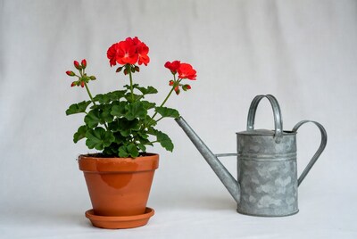 Red Geranium Plant with Watering Can