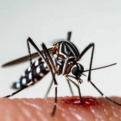 Mosquito biting human finger