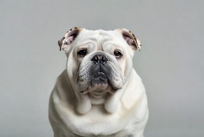 White English Bulldog on gray background