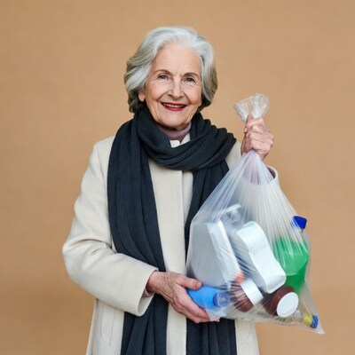 Elderly woman holding recycling bag