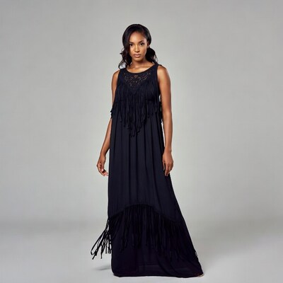 African-American woman in black fringed dress
