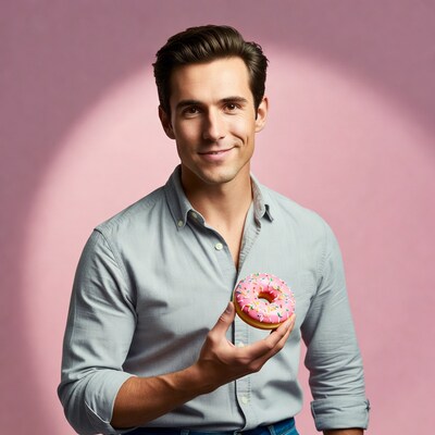 Man holding pink donut