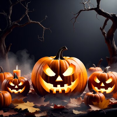 Jack-o'-lanterns in spooky forest