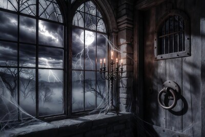 Gothic Castle Window with Lightning Moon