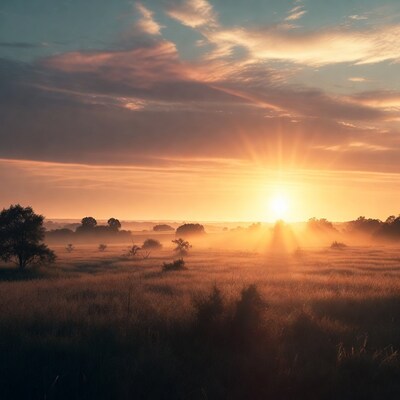 Sunrise over misty grassy field