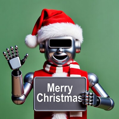 Robot Santa waving Merry Christmas sign