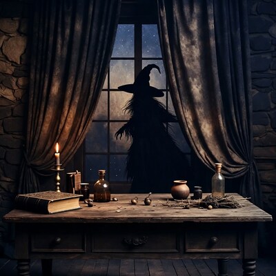 Witch Silhouette at Window with Potions