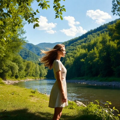 Woman in white dress by mountain river