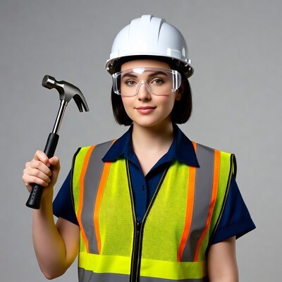 Woman holding hammer in hard hat