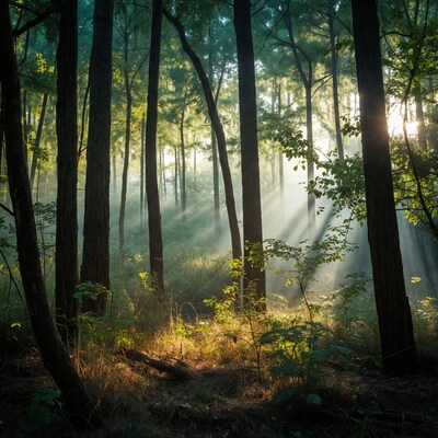 Sunlight Beams in Misty Forest