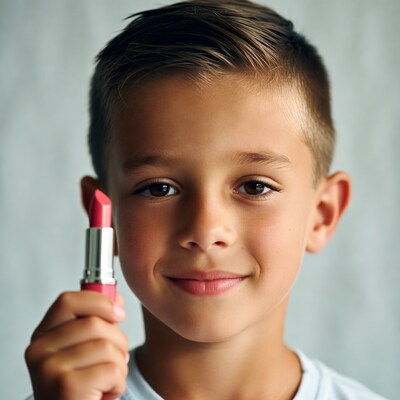 Boy holding red lipstick