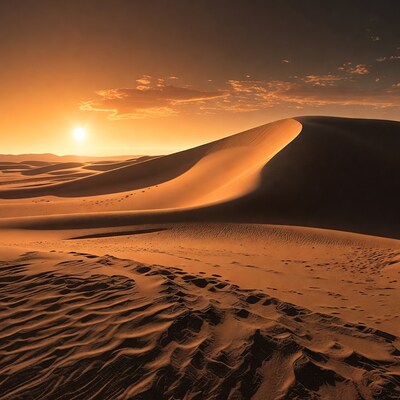 Sunset over desert sand dunes