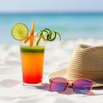 Colorful layered cocktail on beach sand