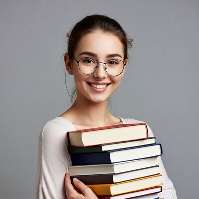 Smiling woman holding stack of books