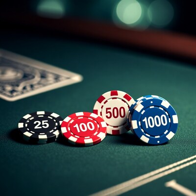 Poker chips and playing card on green felt