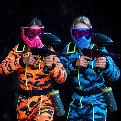 Two women in paintball gear with guns
