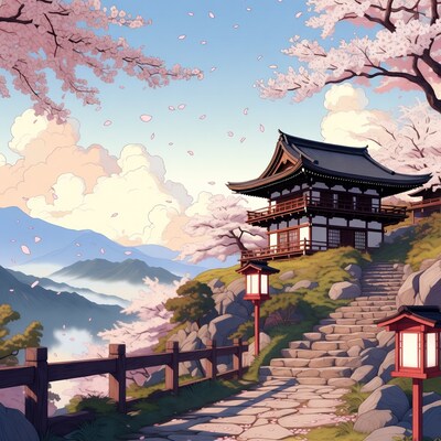 Japanese Temple with Cherry Blossoms