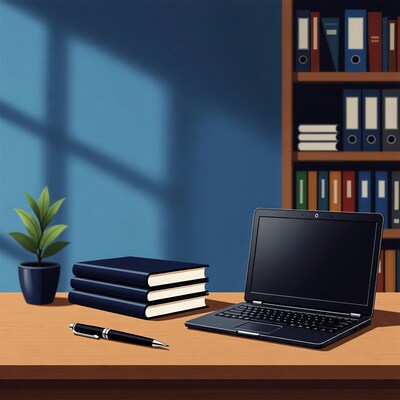 Laptop with Books on Office Desk