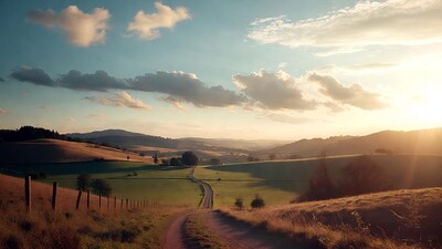 Country road through rolling hills at sunset