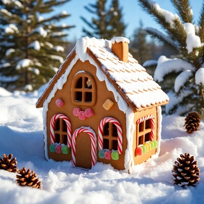Gingerbread House in Snowy Forest