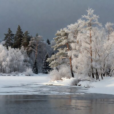 Frosty Trees by Frozen Lake