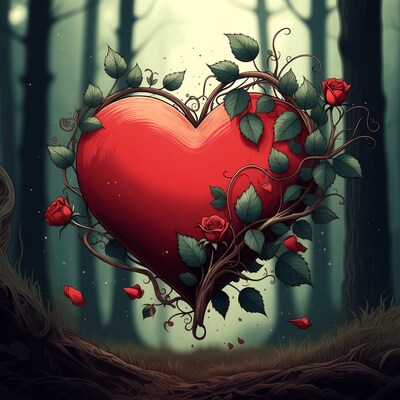 Heart with Roses in Enchanted Forest