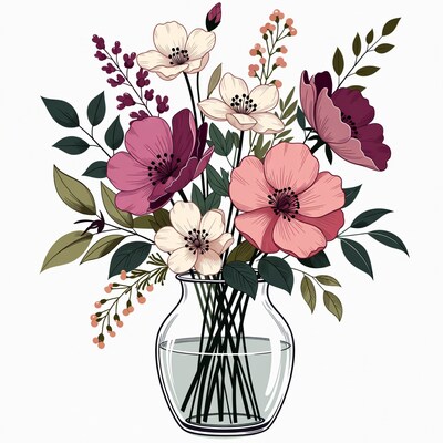 Pink and White Flowers in Glass Vase