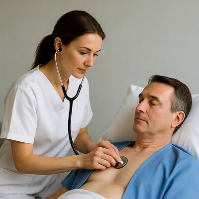 Nurse checking man's heartbeat with stethoscope