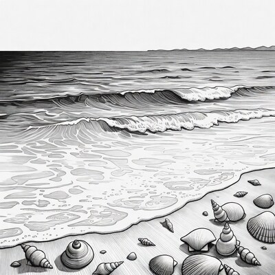 Seashells on beach with ocean waves