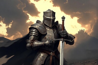 Knight Holding Sword Before Castle