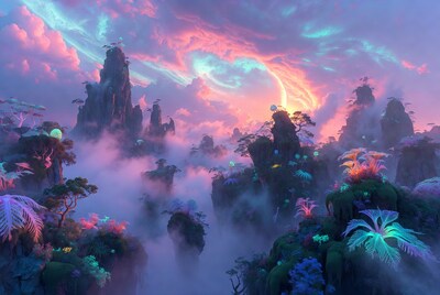 Floating Mountains in Neon Jungle Sunset