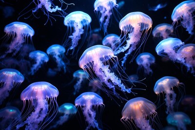 Glowing Blue Jellyfish Cluster