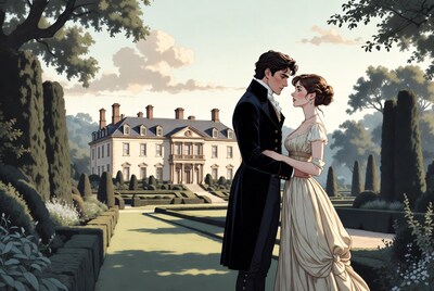 Regency Couple Embracing Before Mansion